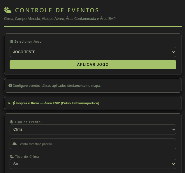 Tela Controle de Eventos com Selecionar Jogo, Aplicar Jogo, aviso da área, regras da Área EMP, Tipo de Evento, aviso de clima e Tipo de Clima.